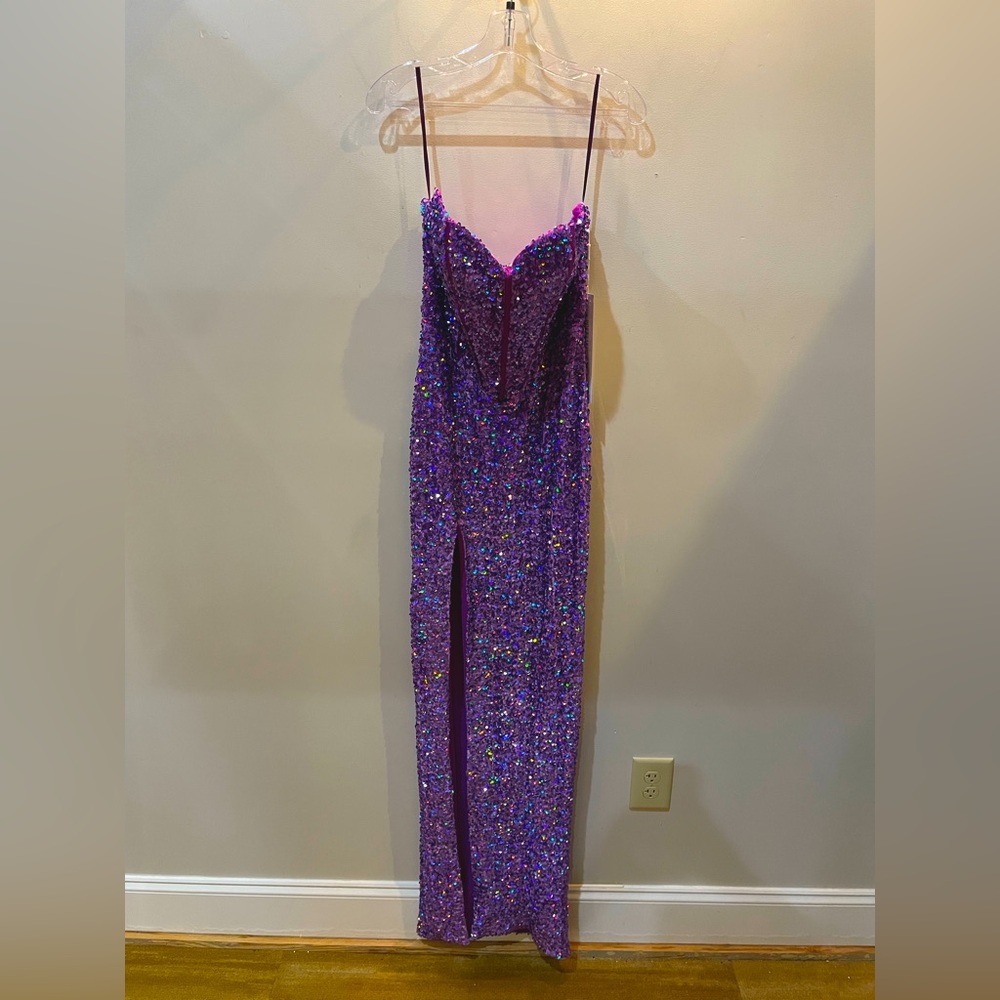 Purple strapless sequins formal gown
